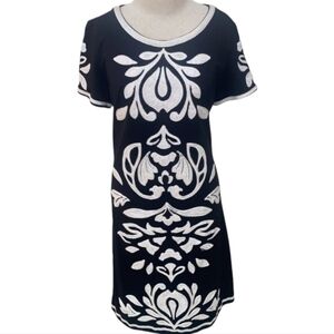 INC; Black Pullover Dress with White Embroidered Design, Sz L
